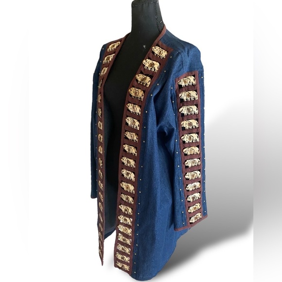 Vintage Denim Maxi Coat w/Wooden Elephant Bone Inserts Blue Jean Women’s Large - Picture 1 of 12